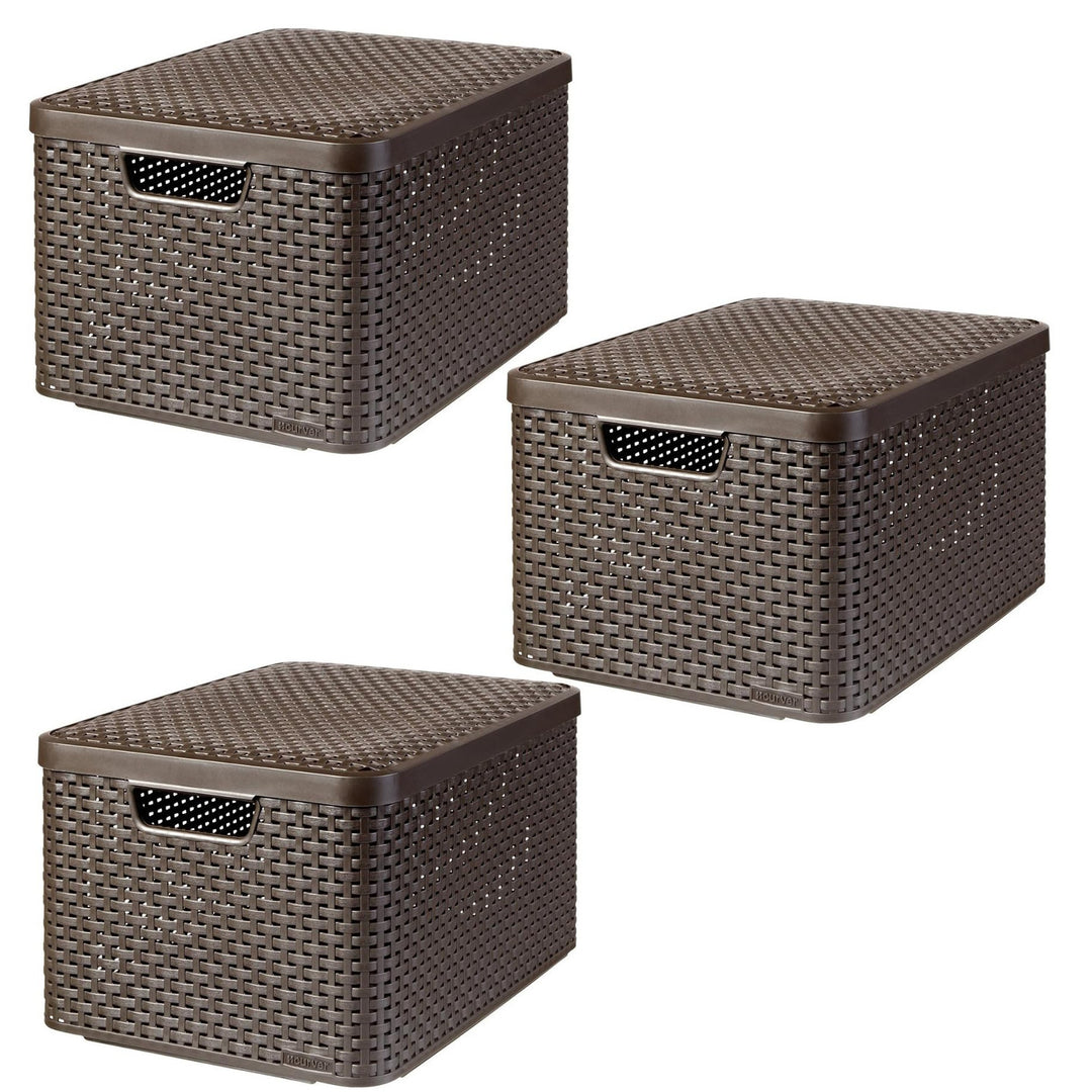 Curver Basket, Universal, with Lid, Brown, Rattan Style L, 3 pieces