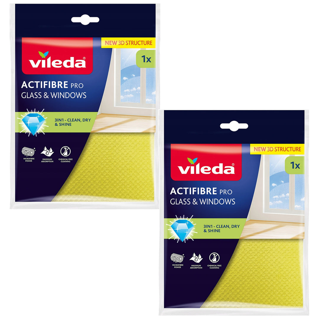 Vileda Actifibre Pro cloth for glass and windows, machine washable, PVA coating, leaves no streaks or water marks, cleans with just water, 183298, 2 pieces
