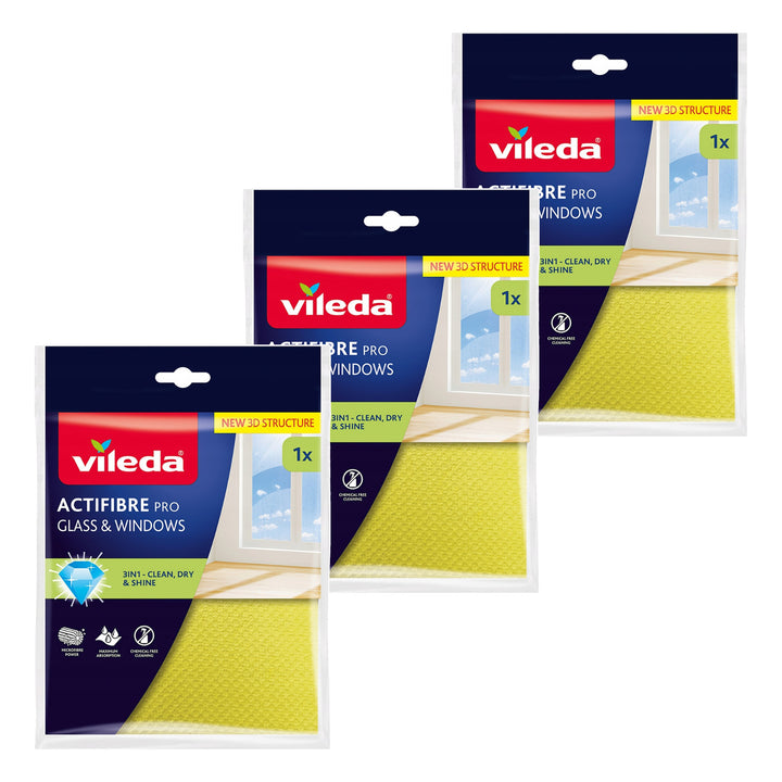 Vileda Actifibre Pro cloth for glass and windows, machine washable, PVA coating, streak- and smear-free, cleans with just water, 183298, 3 pieces