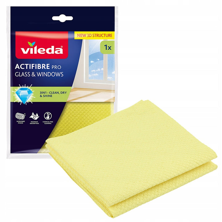 Vileda Actifibre Pro cloth for glass and windows, machine washable, PVA coating, streak- and smear-free, cleans with just water, 183298, 4 pieces