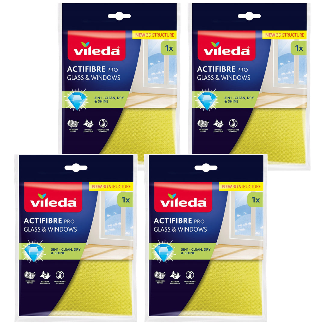 Vileda Actifibre Pro cloth for glass and windows, machine washable, PVA coating, streak- and smear-free, cleans with just water, 183298, 4 pieces