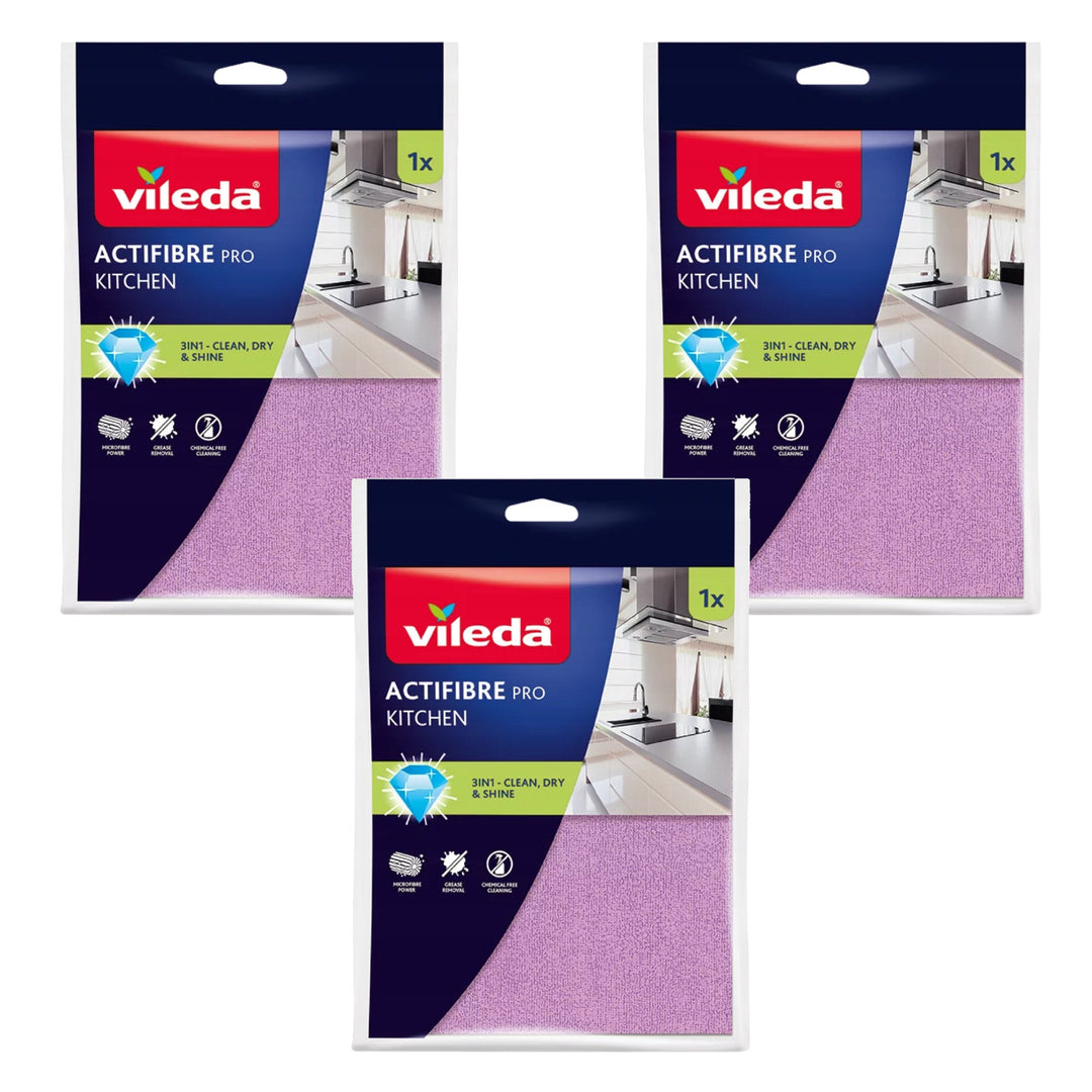 Vileda Actifibre Pro Kitchen Microfiber Cloth, PVA Coating, Machine Washable up to 60°C, 183303, 3 pieces