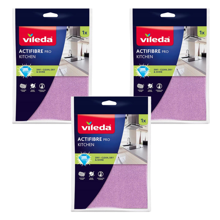 Vileda Actifibre Pro Kitchen Microfiber Cloth, PVA Coating, Machine Washable up to 60°C, 183303, 3 pieces