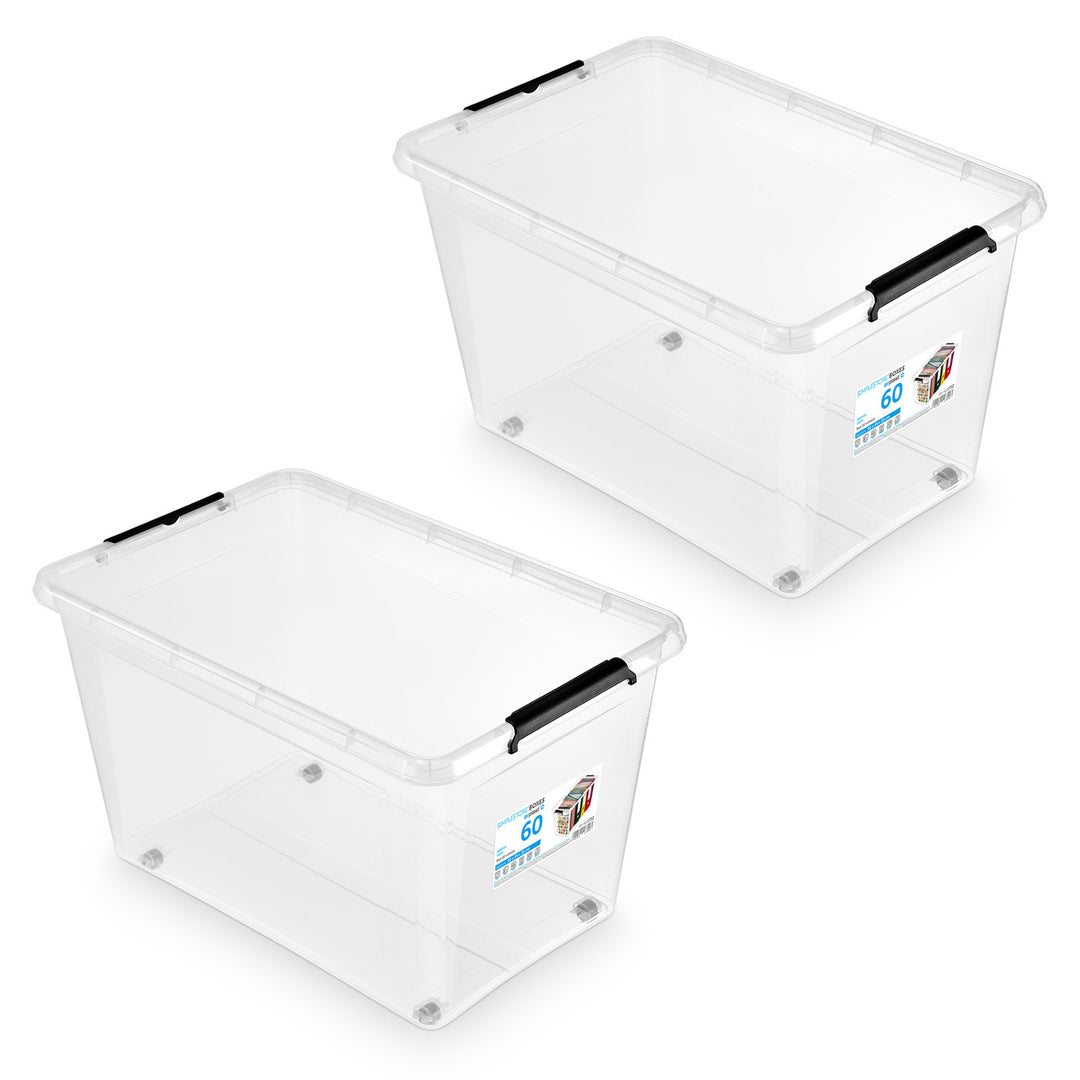 Moxom SimpleStore container, 60L capacity, transparent, snap-on lid, with casters, BPA-free, 04-0081, 2 pieces
