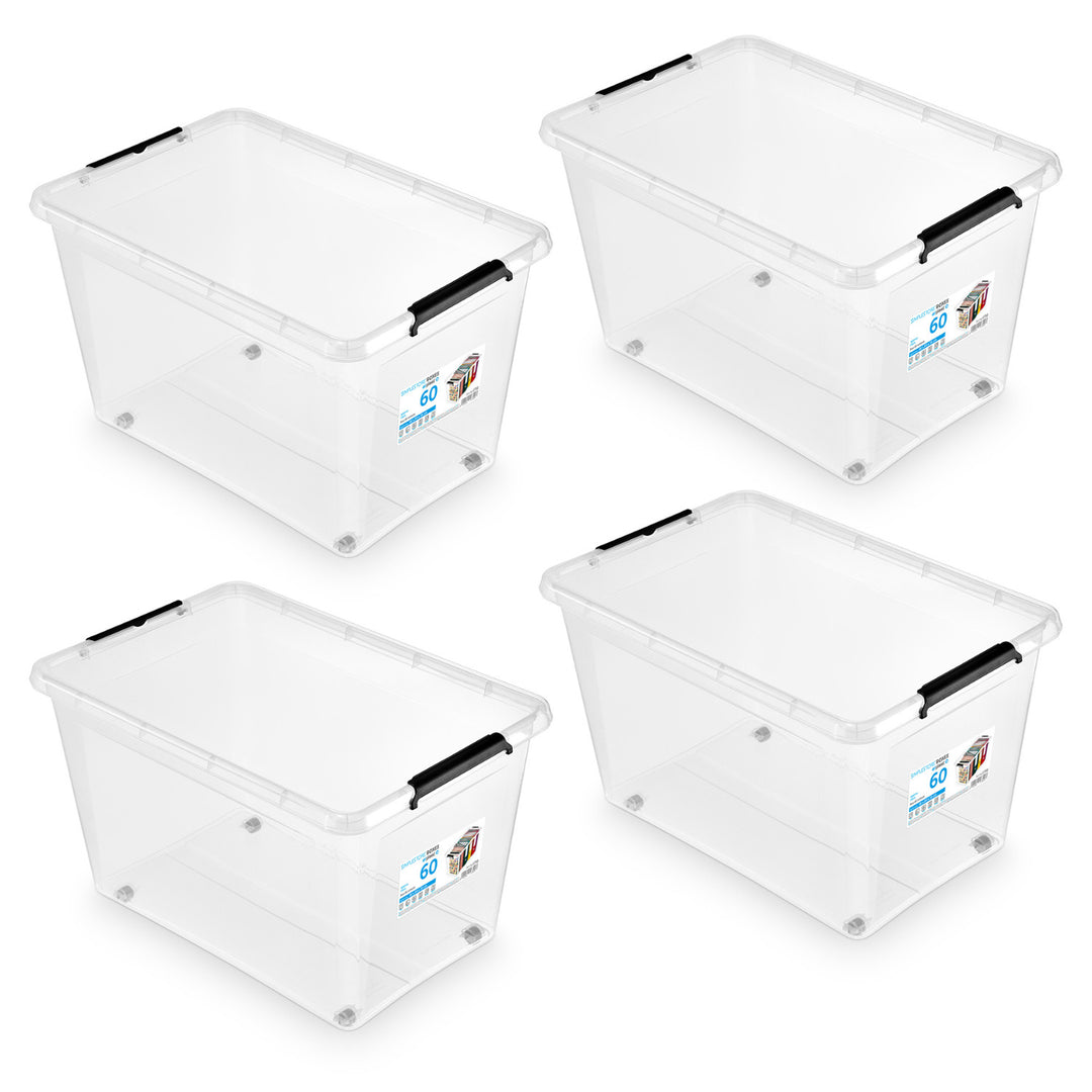 Moxom SimpleStore container, 60L capacity, transparent, snap-on lid, with casters, BPA-free, 04-0081, 4 pieces