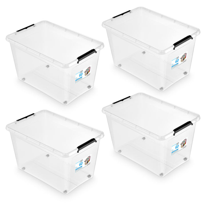 Moxom SimpleStore container, 60L capacity, transparent, snap-on lid, with casters, BPA-free, 04-0081, 4 pieces