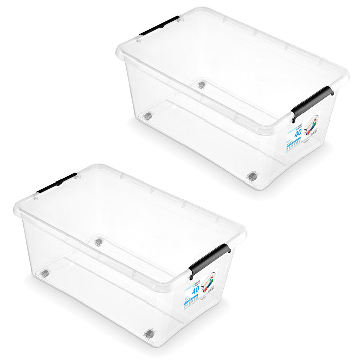 Moxom SimpleStore container, 40L capacity, transparent, snap-on lid, with casters, BPA-free, 04-0076, 2 pieces