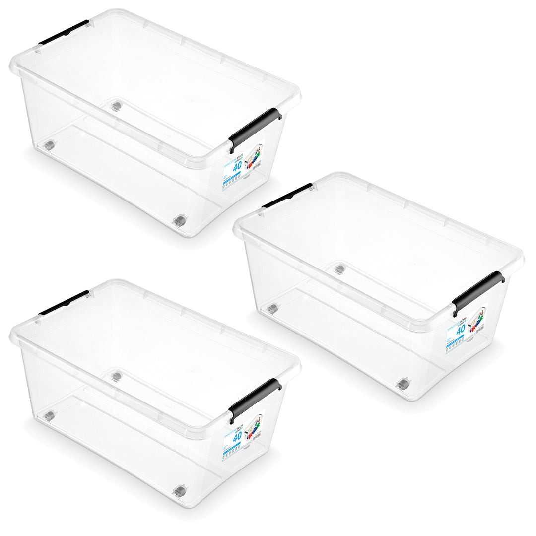Moxom SimpleStore container, 40L capacity, transparent, snap-on lid, with casters, BPA-free, 04-0076, 3 pieces