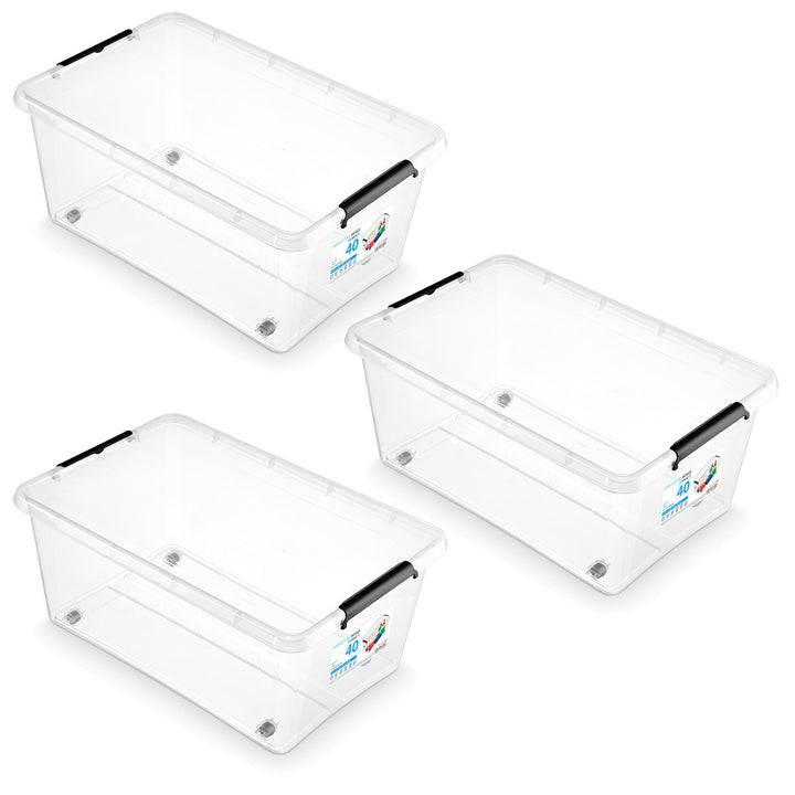 Moxom SimpleStore container, 40L capacity, transparent, snap-on lid, with casters, BPA-free, 04-0076, 3 pieces