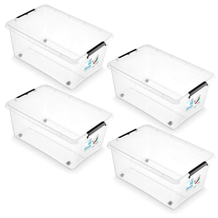 Moxom SimpleStore container, 40L capacity, transparent, snap-on lid, with casters, BPA-free, 04-0076, 4 pieces