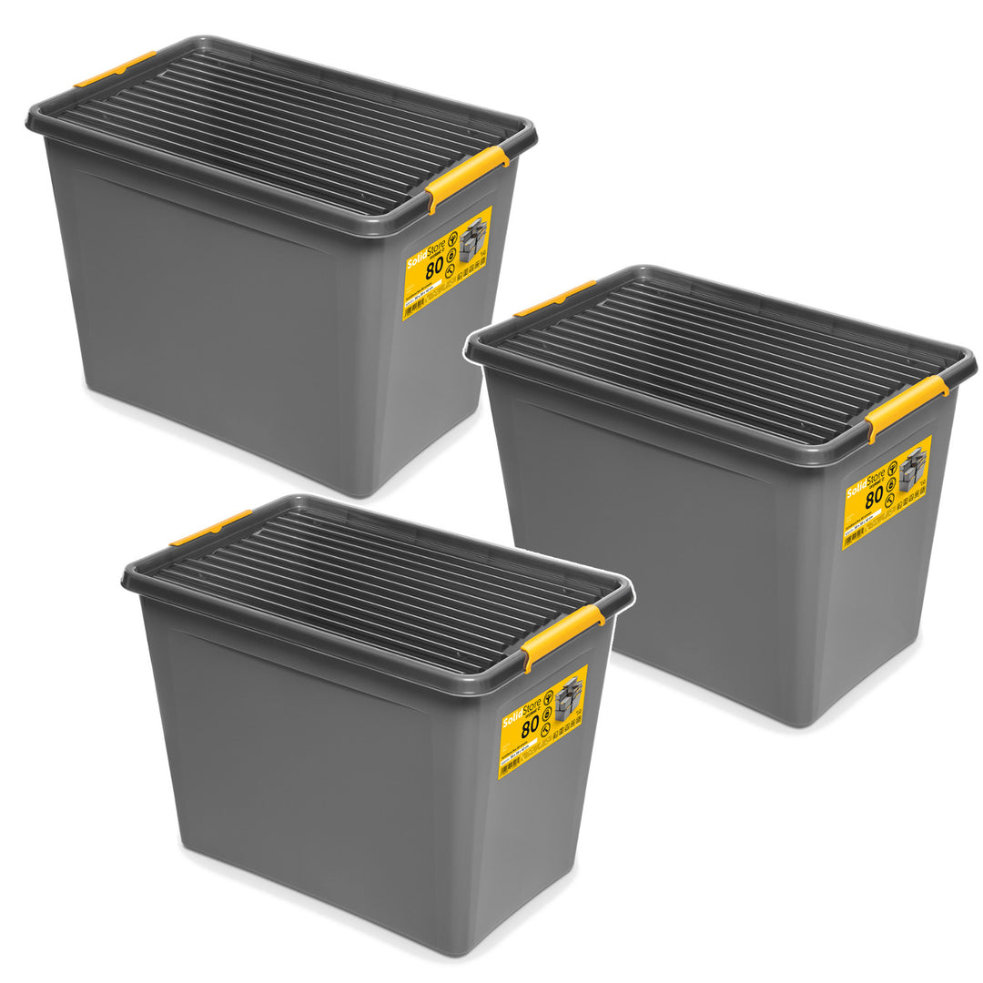 Moxom SolidStore container, 80L capacity, gray, snap-on lid, with casters, BPA-free, 04-0217, 3 pieces
