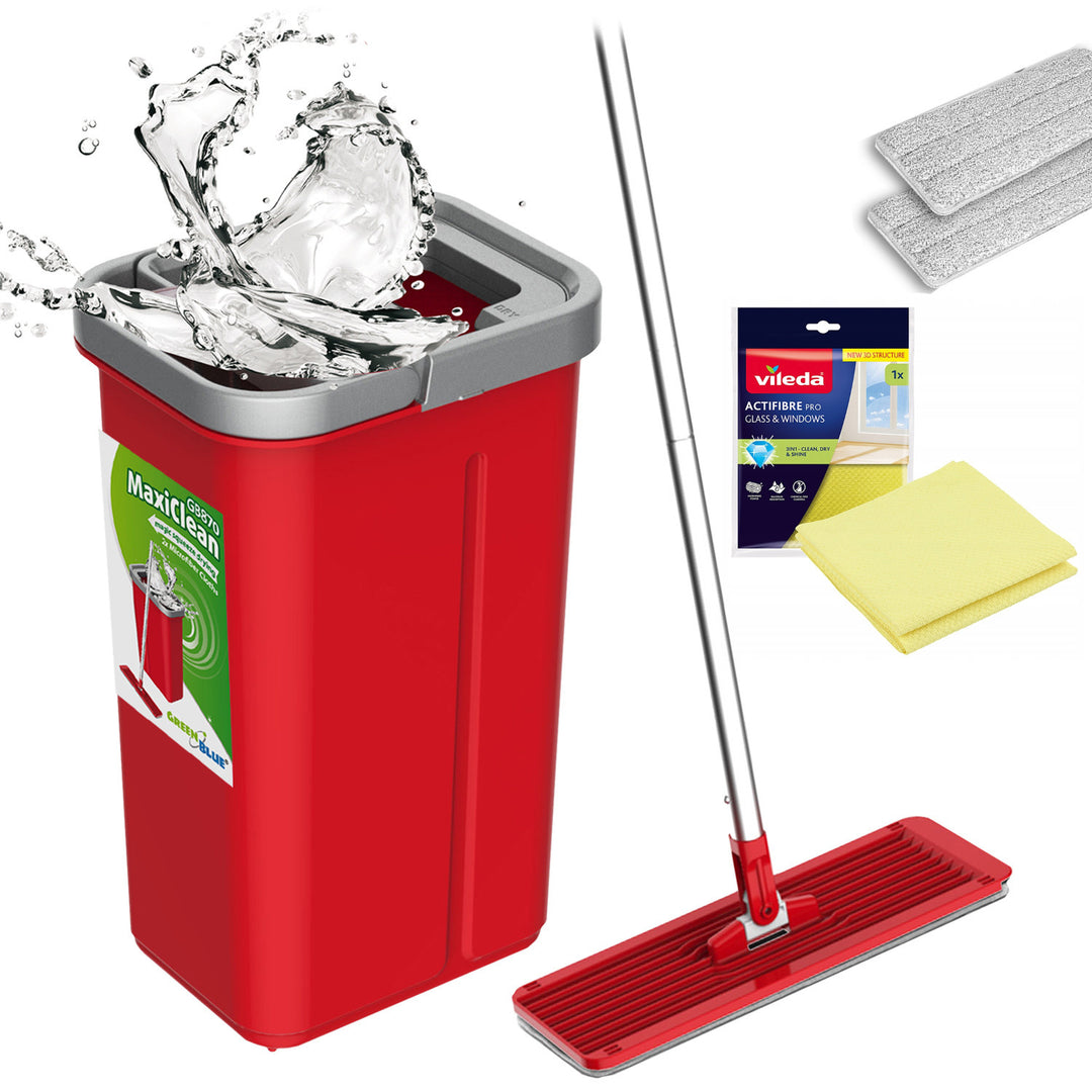 GreenBlue flat mop with bucket and wringer, two HQ microfiber pads, 5.7L capacity, MaxiClean GB870 + Vileda Actifibre Pro cloth