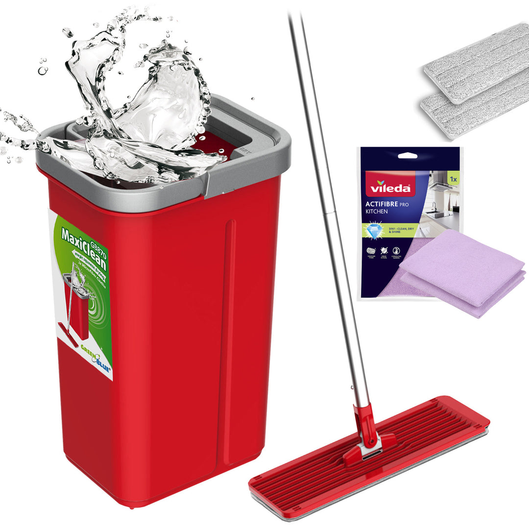 GreenBlue flat mop with bucket and wringer, two HQ microfiber pads, 5.7L capacity, MaxiClean GB870 + Vileda Actifibre Pro cloth