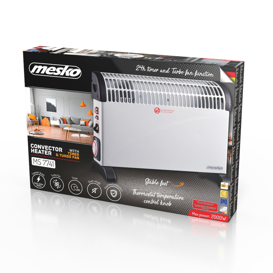 Electric convection heater, thermostat, 2000W, 24-hour timer, white, 150 cm cord, Mesko, MS 7741W