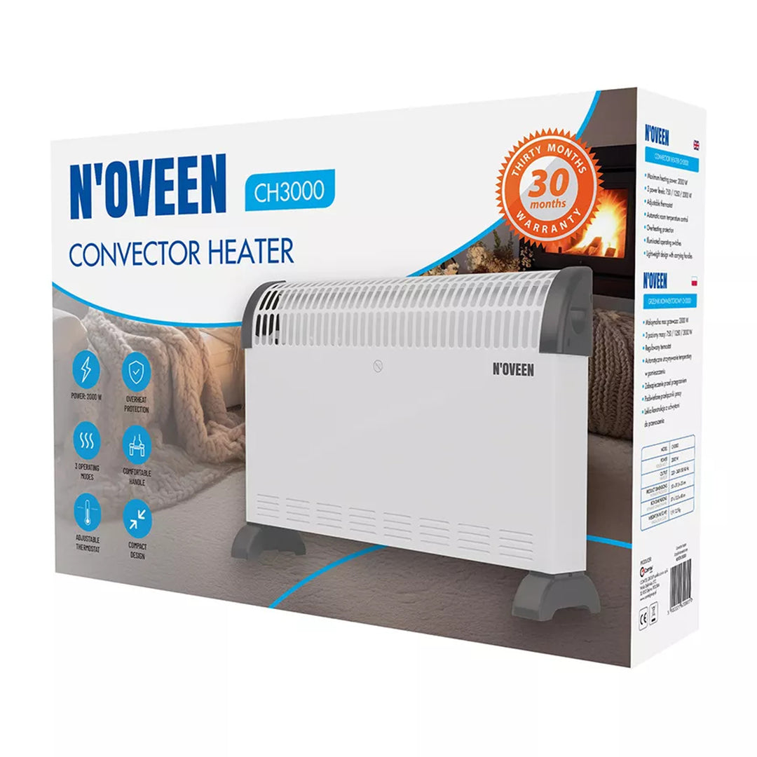 Electric convection heater, 2000 W, thermostat, white, Noveen