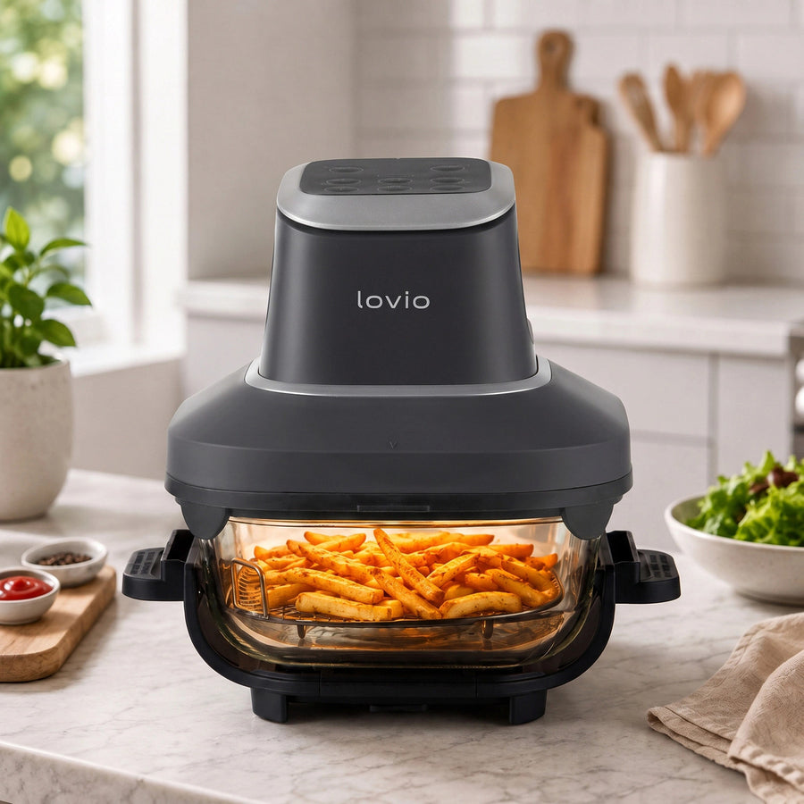 LOVIO PureFry Ultra Crisp LVAF003BK Oil-Free Air Fryer, 4L + 1.5L, 1550W, Black, Glass Baskets