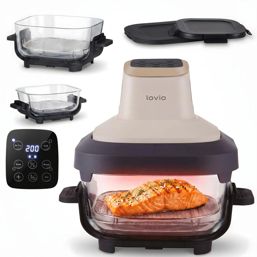 LOVIO PureFry Ultra Crisp LVAF003BE Oil-Free Air Fryer, 4L + 1.5L, 1550W, Beige, with Glass Bowls