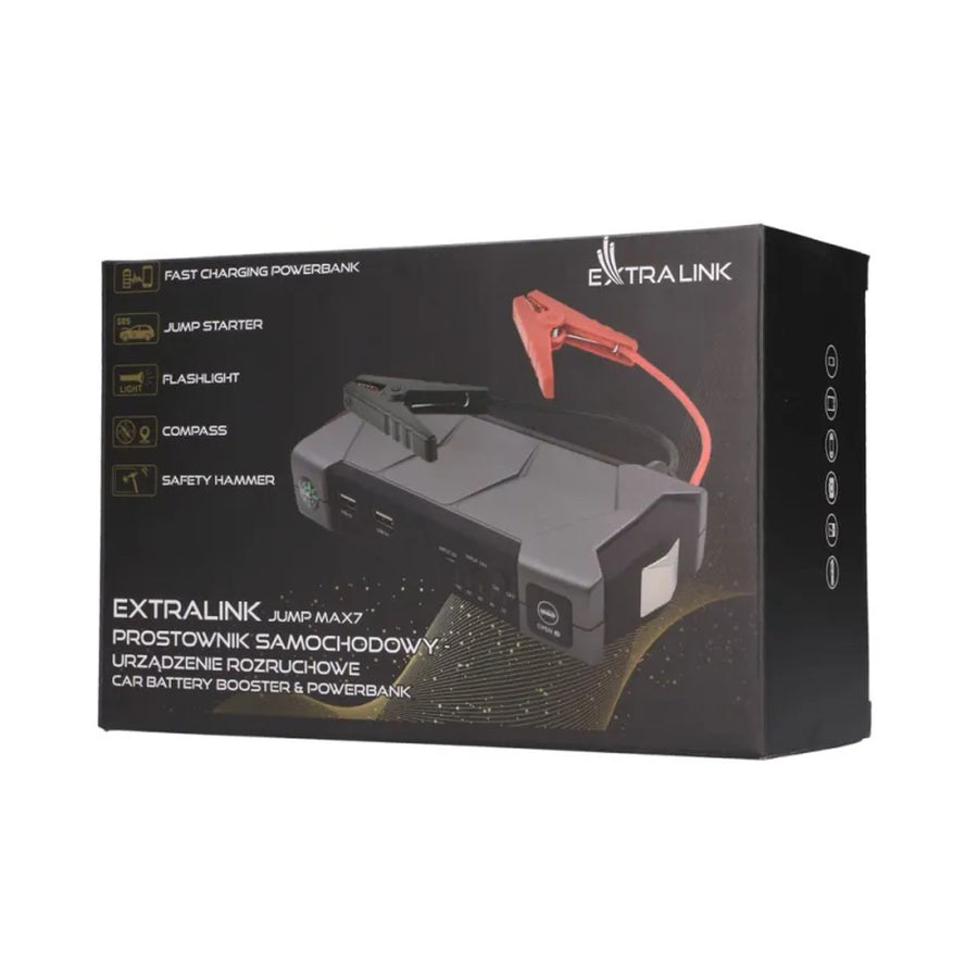 Extralink Jump Max7 Jump Starter, 10,000 mAh capacity, 3 LEDs, flashlight, compass, hammer, 400 A cranking current, 1,000 A peak current