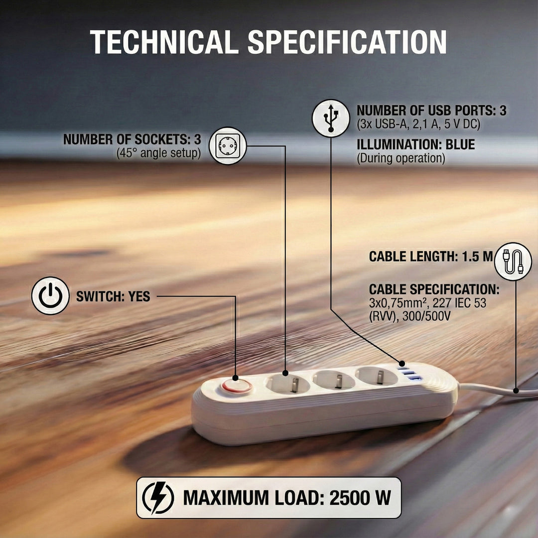 Maclean power strip, 3 socket extension + 3xUSB, 110-240V AC 50/60Hz, 2.1A max 2500W, 1.5m, white, MCE394 W