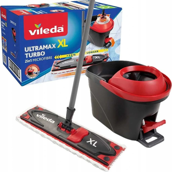 Vileda 163427 Vileda Ultramax Turbo XL Set Flat Mop Bucket Handle Rotating Head Microfibre Squeeze