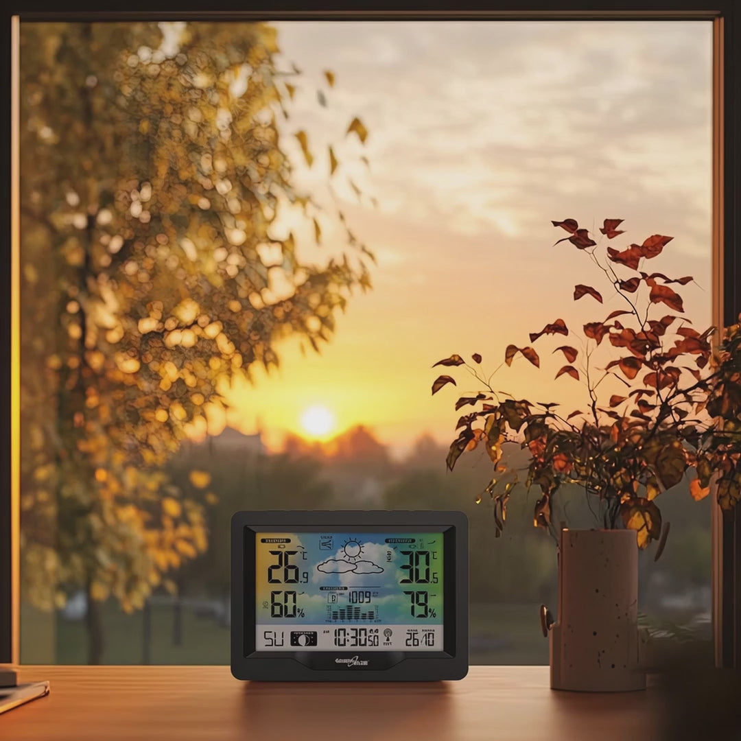 GreenBlue wireless weather station, color, with DCF system, moon phases, barometer, calendar, power adapter, GB540N