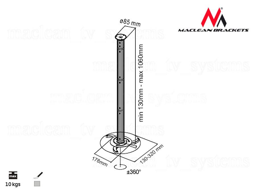 Maclean Brackets MC-517S Universal Projector Ceiling Mount Adjustable Arm 8cm - 98cm Retractable Bracket Holder