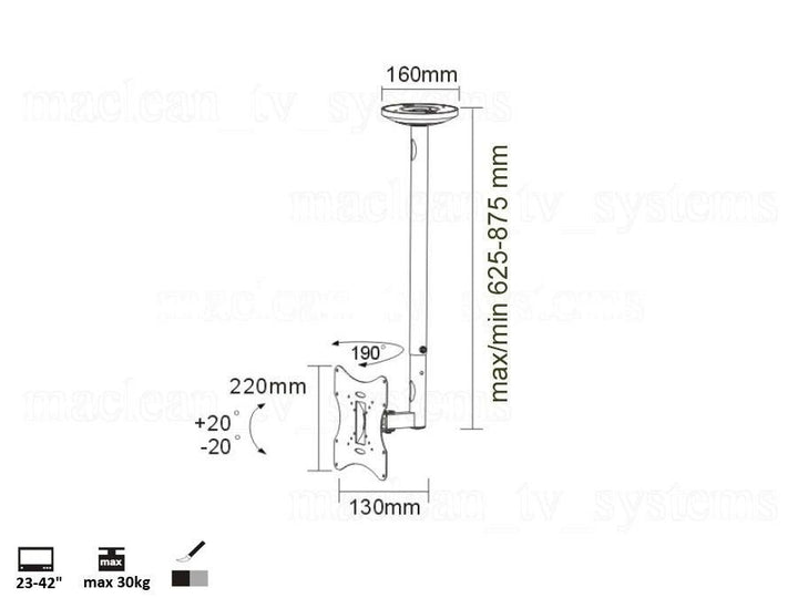 Maclean MC-504A B TV Bracket Ceiling Mount 30kg VESA 23" - 42" LCD Solid Metal