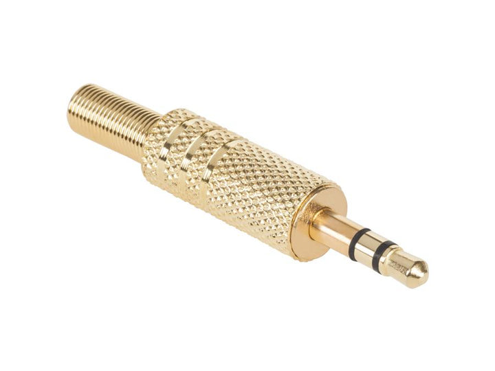 Plug a small 3.5mm stereo goldw jack with a metal housing
