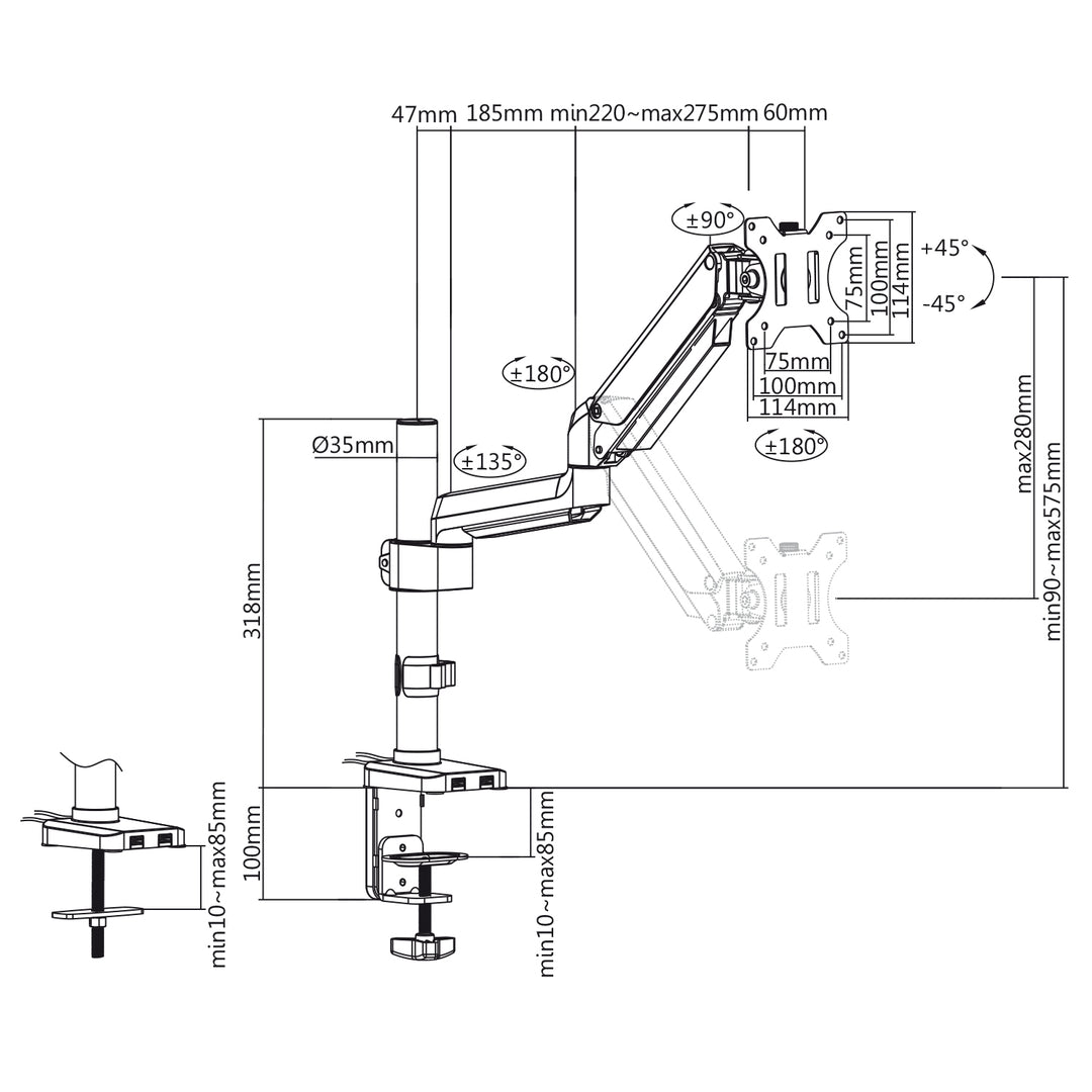 Maclean MC-669B Sealbhóir Monatóireachta Deasc Lúibín Mount Tilt Swivel Gas Spring Sturdy