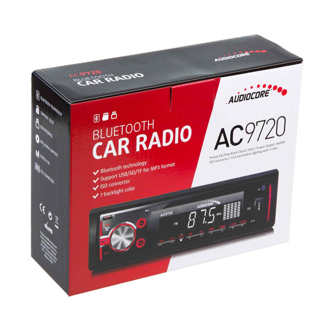 Bluetooth Car Stereo Raidió Audiocore AC9720 1 DIN Cianrialú MP3 / WMA / USB / RDS / SD ISO Ildath Cúlra Illumination Teicneolaíocht APT-X