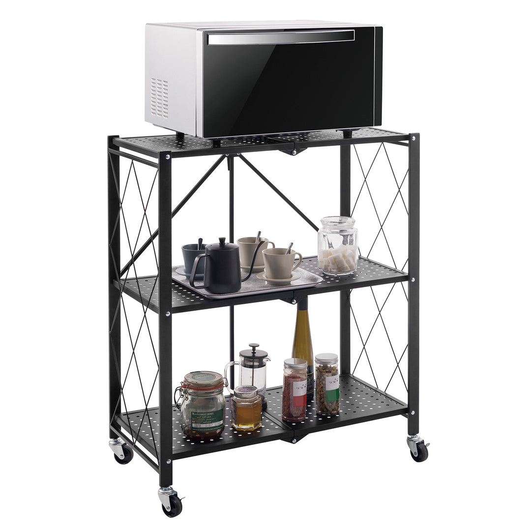 Maclean MC-897 Foldable Shelf Wheels 3 Levels Multifunctional Mobile Storage Bookcase Office Metal Black