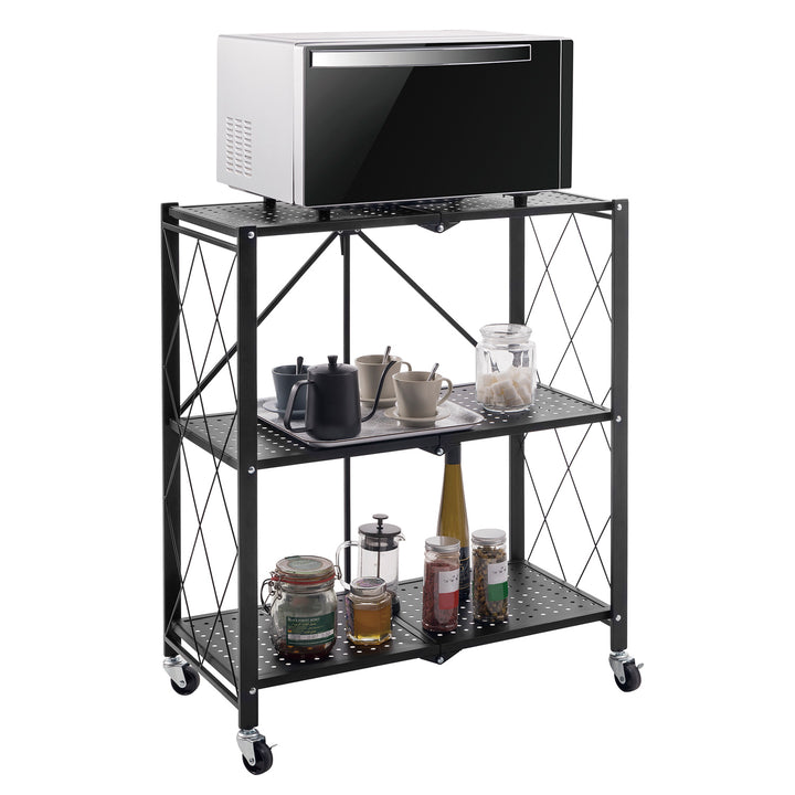 Maclean MC-897 Foldable Shelf Wheels 3 Levels Multifunctional Mobile Storage Bookcase Office Metal Black