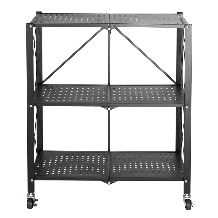 Maclean MC-897 Foldable Shelf Wheels 3 Levels Multifunctional Mobile Storage Bookcase Office Metal Black