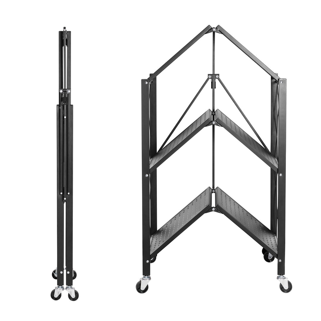 Maclean MC-897 Foldable Shelf Wheels 3 Levels Multifunctional Mobile Storage Bookcase Office Metal Black