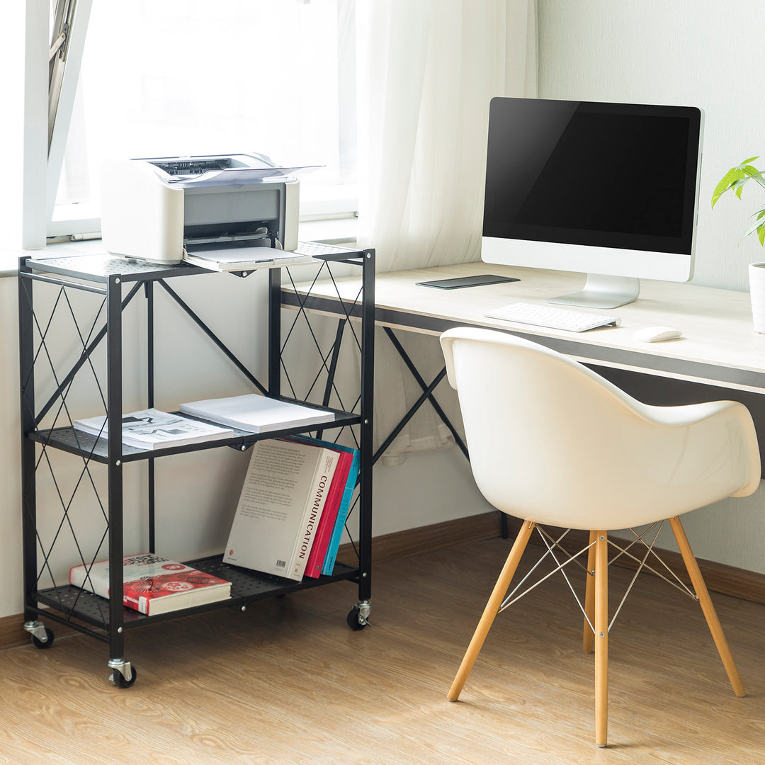 Maclean MC-897 Foldable Shelf Wheels 3 Levels Multifunctional Mobile Storage Bookcase Office Metal Black