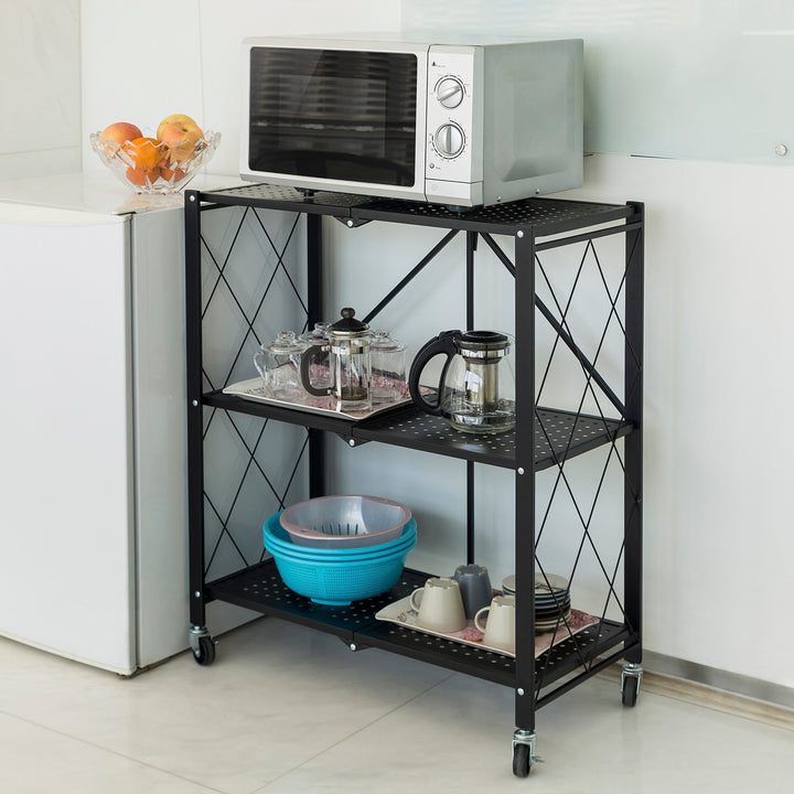 Maclean MC-897 Foldable Shelf Wheels 3 Levels Multifunctional Mobile Storage Bookcase Office Metal Black