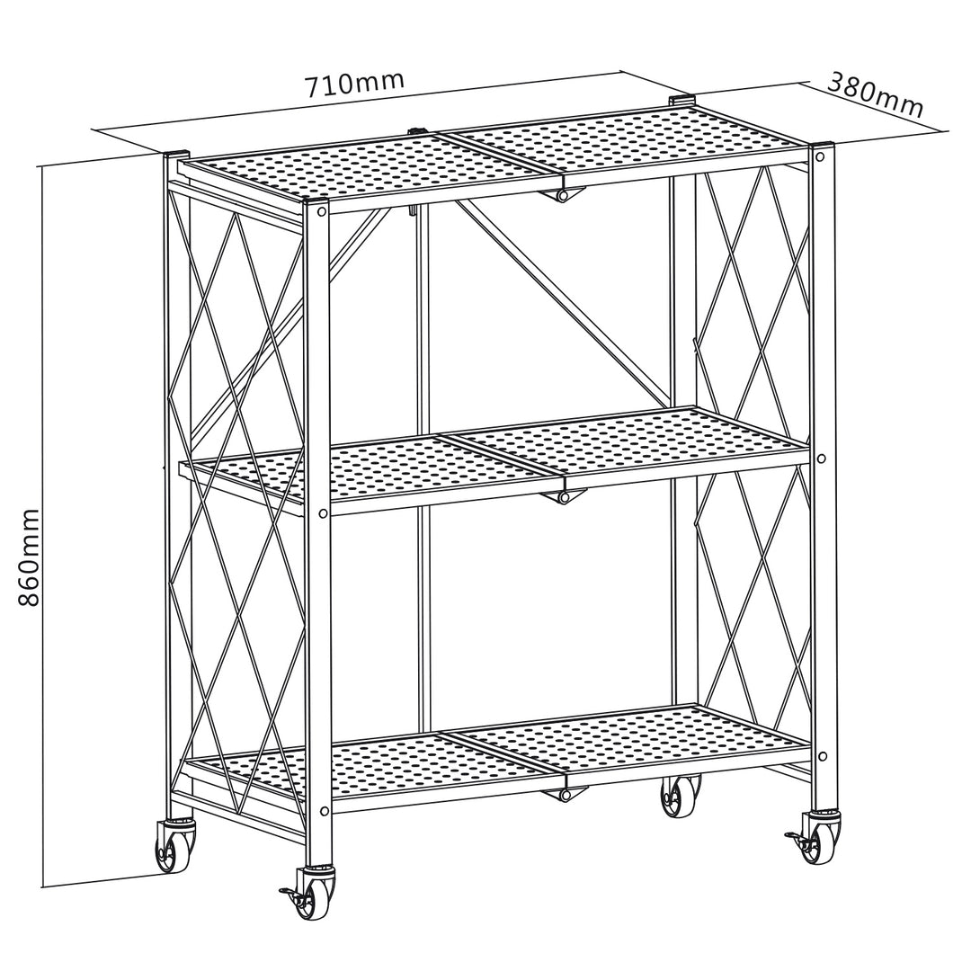 Maclean MC-897 Foldable Shelf Wheels 3 Levels Multifunctional Mobile Storage Bookcase Office Metal Black