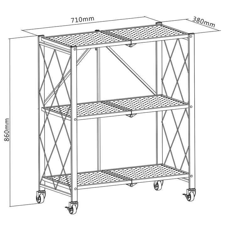 Maclean MC-897 Foldable Shelf Wheels 3 Levels Multifunctional Mobile Storage Bookcase Office Metal Black