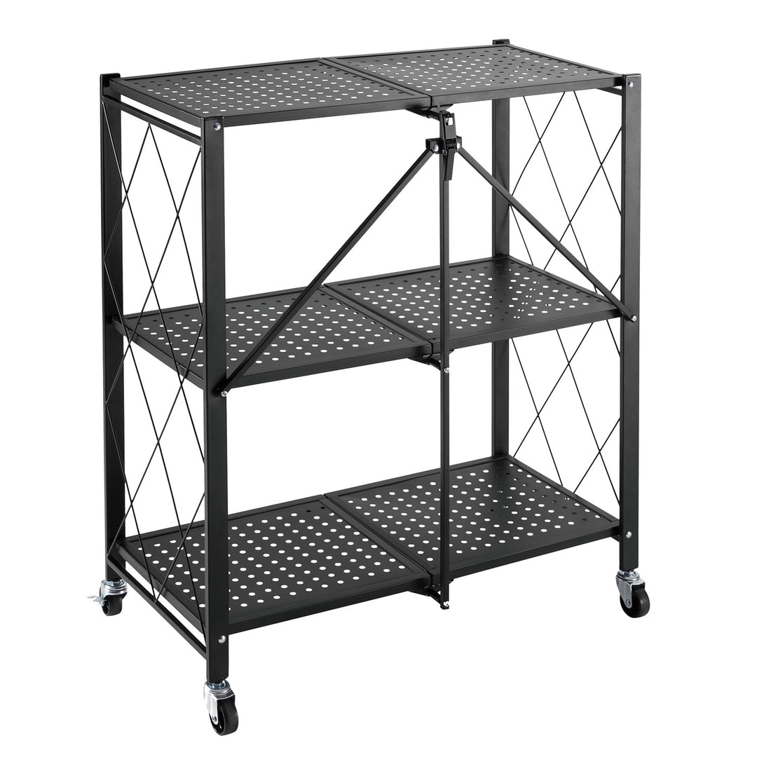 Maclean MC-897 Foldable Shelf Wheels 3 Levels Multifunctional Mobile Storage Bookcase Office Metal Black