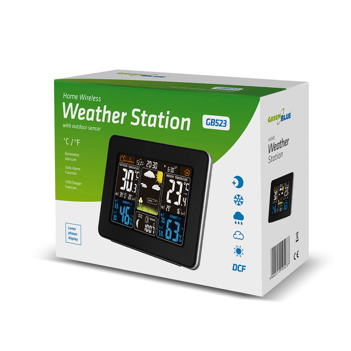 GreenBlue GB 523 Weather Station DCF Alarm Display Indoor Outdoor Sensor Temperature Humidity