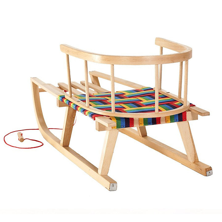 GreenBlue GB138 Wooden Kids Sledge Sled with Removable Backrest Fabric Seat and Pull Rope Sturdy Beech Wood