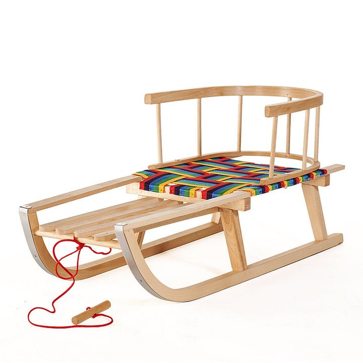 GreenBlue GB138 Wooden Kids Sledge Sled with Removable Backrest Fabric Seat and Pull Rope Sturdy Beech Wood