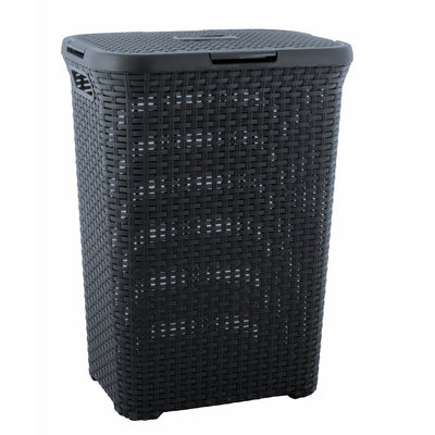 Curver Natural Style 60L Laundry Hamper Basket with Lid Grey Rattan Style