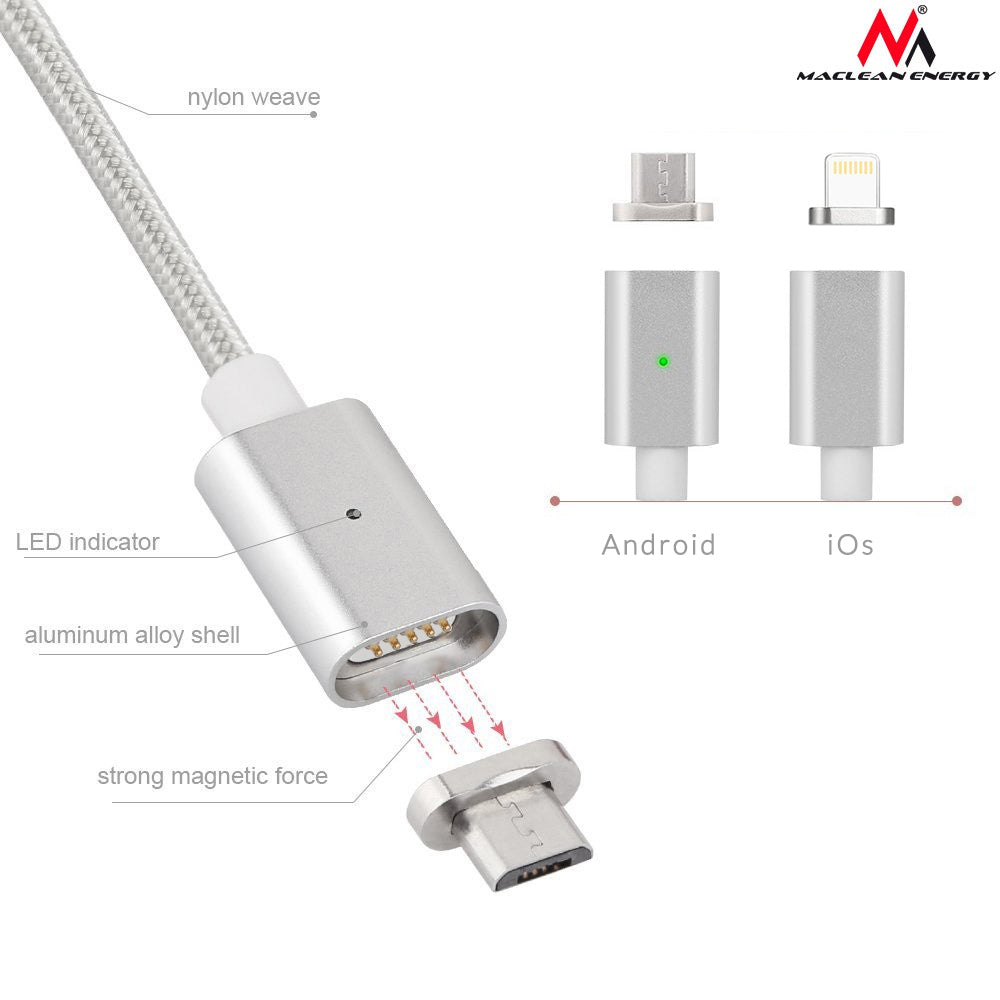 Maclean MCE160 USB microUSB Cábla Miotail Maighnéadach ag Muirir Aistriú Sonraí iOS Android Lightning 1m