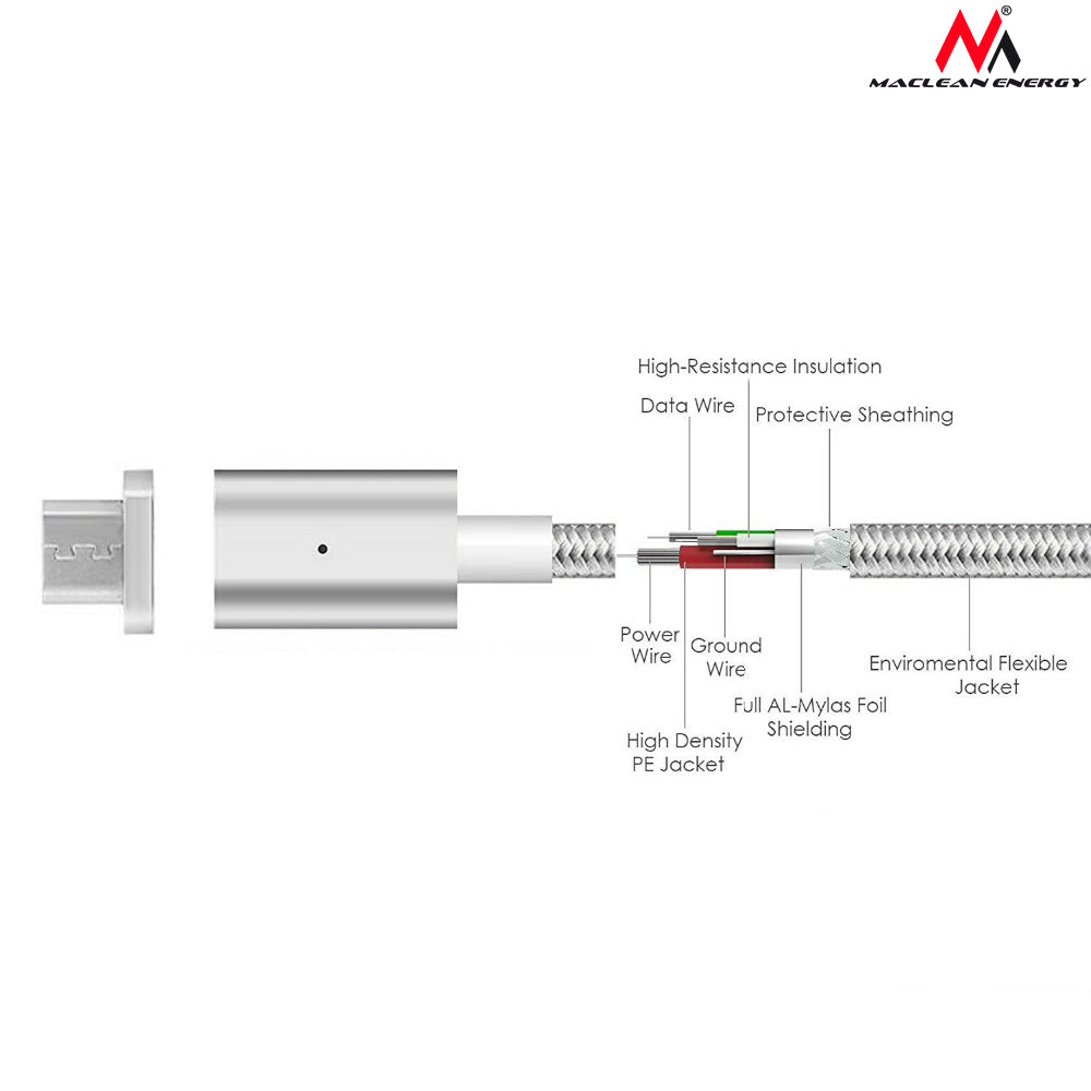 Maclean MCE160 USB microUSB Magnetic Metal Cable Charging Data Transfer iOS Android Lightning 1m