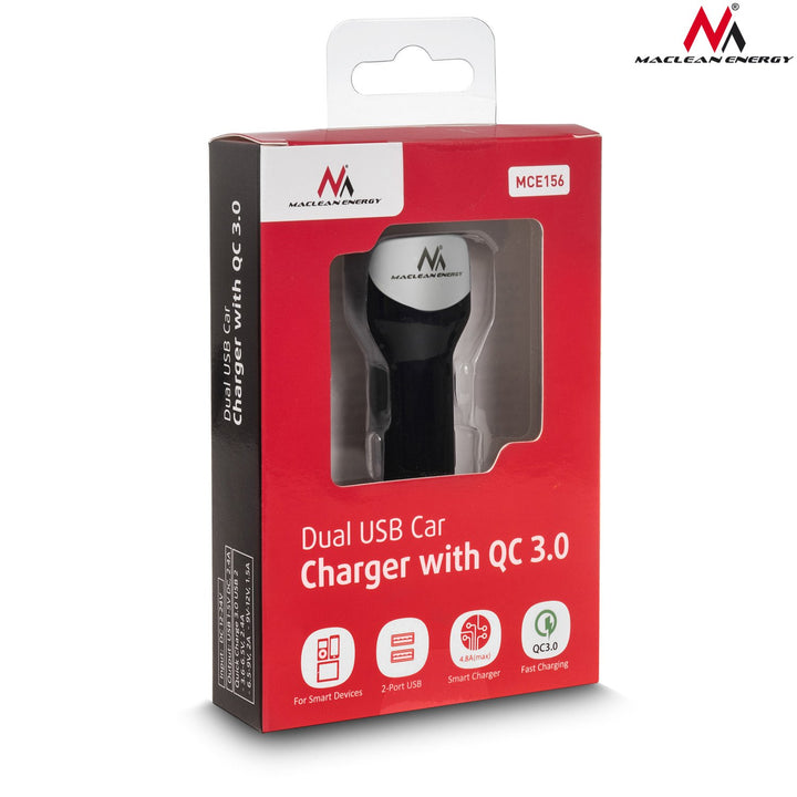 Maclean MCE157 Car Charger Muirear Tapa USB Dual QC 3.0 Uilíoch Cliste IC 1.5m 2.4A