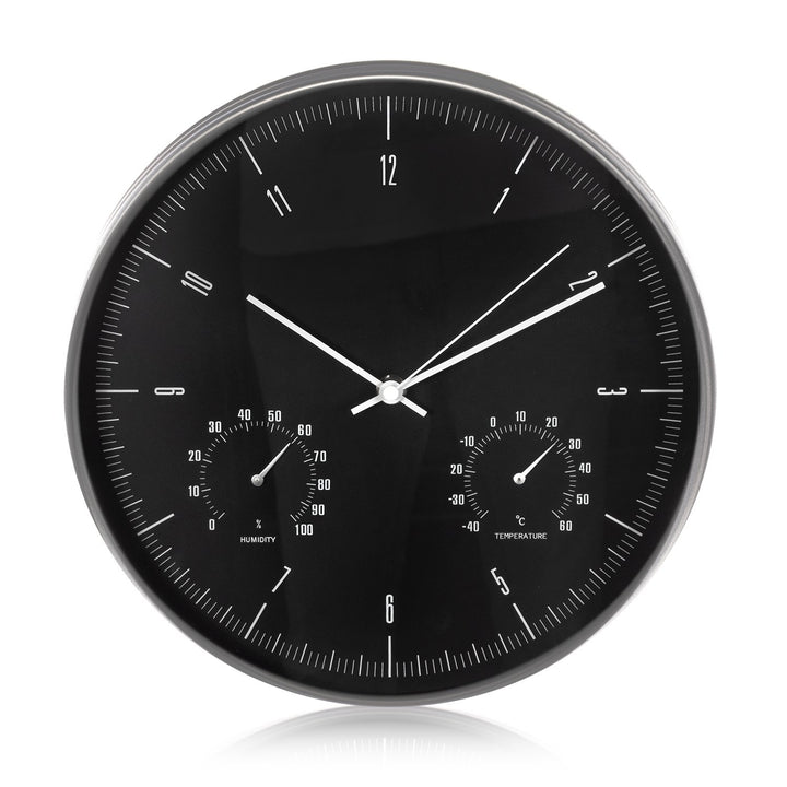 Silent Wall Clock 12" 30cm Silver & Black with Thermometer and Hygrometer