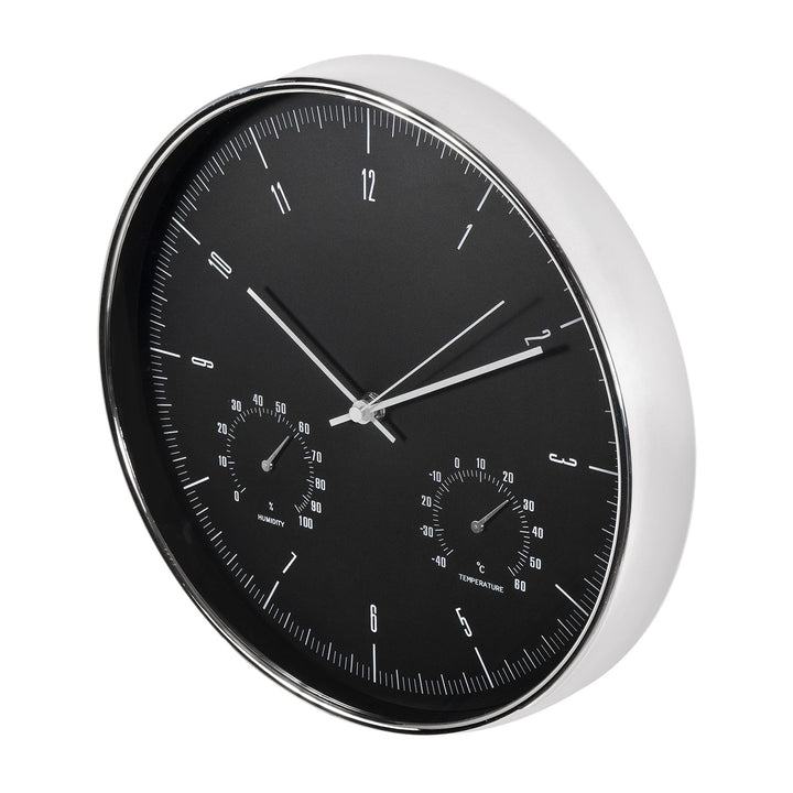 Silent Wall Clock 12" 30cm Silver & Black with Thermometer and Hygrometer