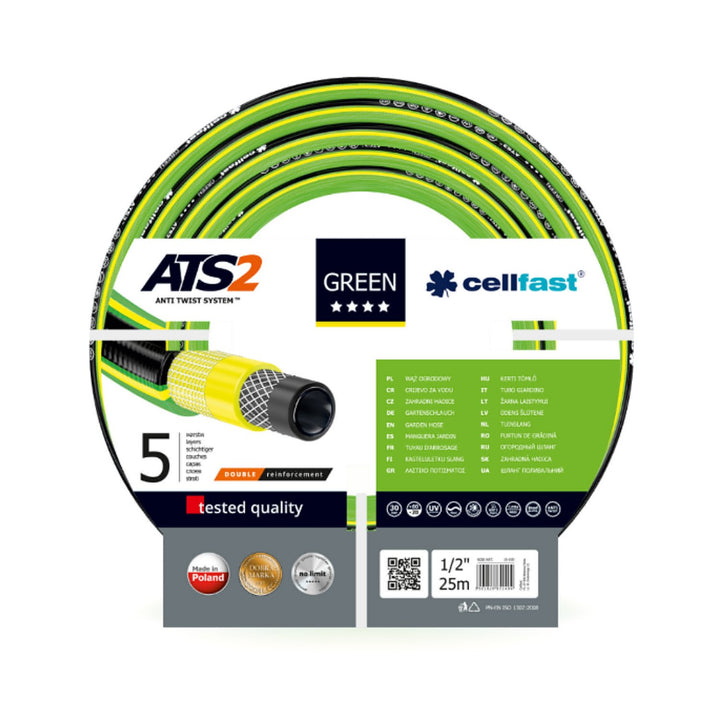 Cellfast Garden Hose ATS2 1/2" 25m Watering Pipe 5-Layer Anti Twist System Super Flexible Double Braided