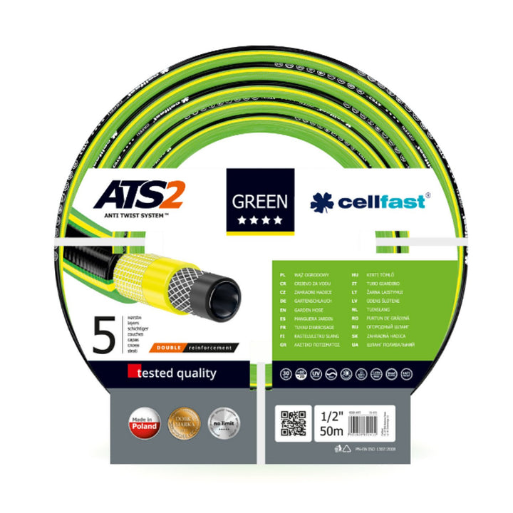 Cellfast Garden Hose ATS2 1/2" 25m Watering Pipe 5-Layer Anti Twist System Super Flexible Double Braided